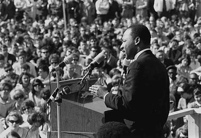 Dr. Martin Luther King speaking against war in Vietnam, St. Paul Campus, University of Minnesota. CC licensed image by Flickr user Minnesota Historical Society. 